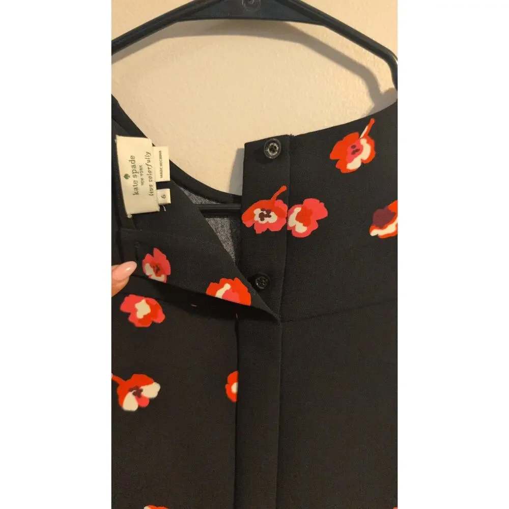 Kate Spade Black Cherry Blossom Floral Sleeveless Blouse Top Size 6